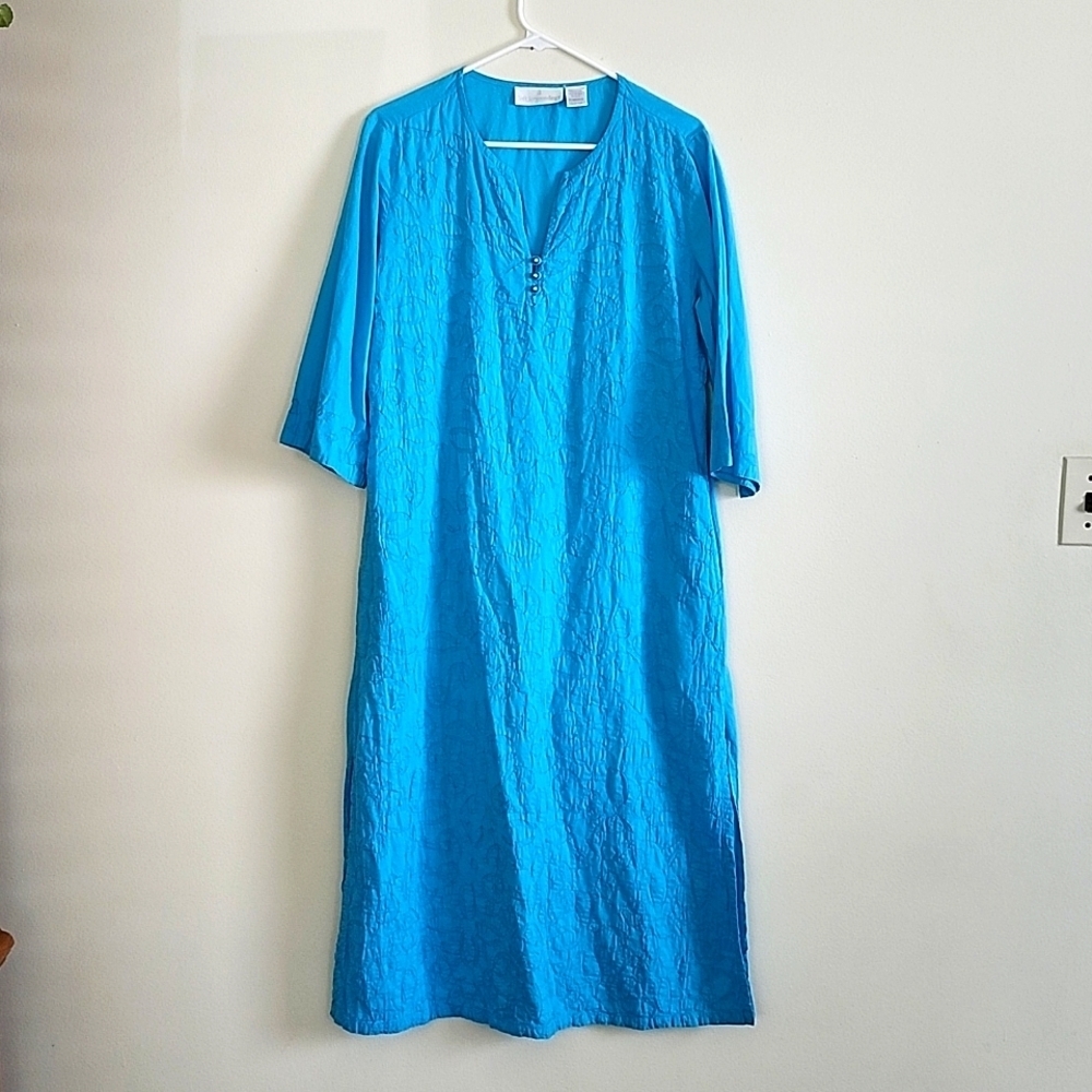 Soft Surroundings Blue Quilted Tunic Top Pullover Dress, Double Slits Cotton MP